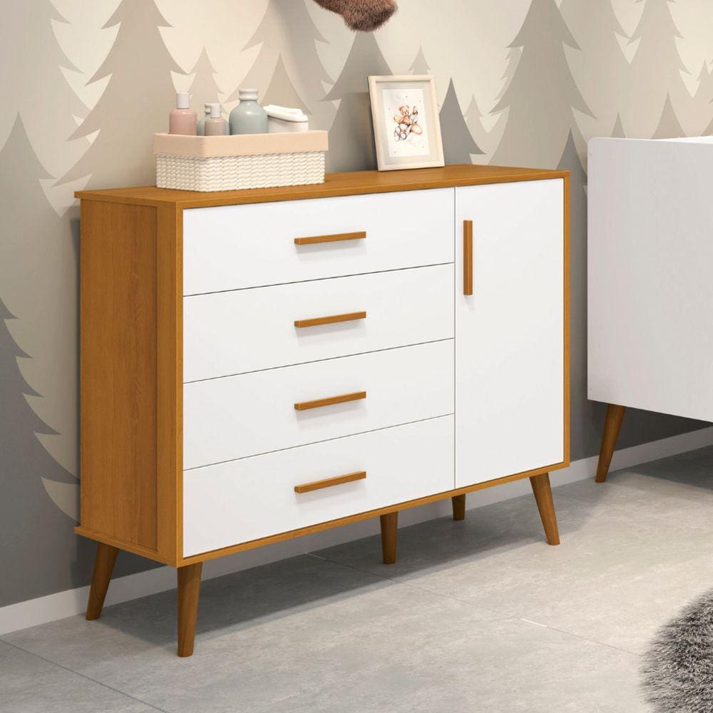 Cômoda Sapateira 4 Gavetas 1 Porta Isis Móveis Reller Branco/Savana