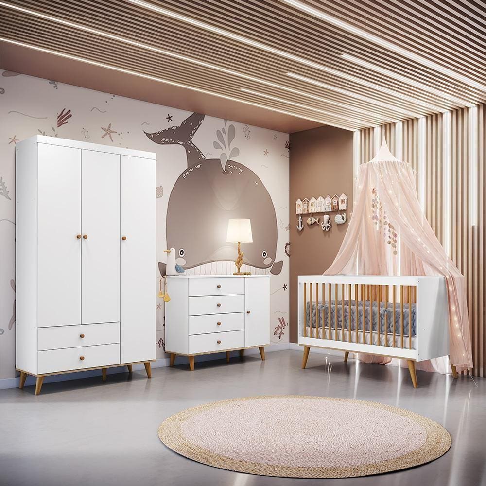 Quarto De Bebê Completo Berço Roupeiro Cômoda Branco