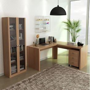 Mesa em L com Gaveteiro e Armário com 2 Portas de Vidro Espresso Móveis Amendoa