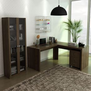 Mesa em L com Gaveteiro e Armário com 2 Portas de Vidro Espresso Móveis Nogal