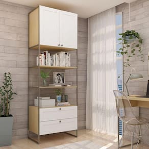 Estantes Para Livros Provençal 2 Portas 2 Gavetas 100% MDF com Metalon Infinity Genialflex Savana/Branco