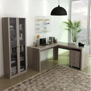 Mesa em L com Gaveteiro e Armário com 2 Portas de Vidro Espresso Móveis Carvalho