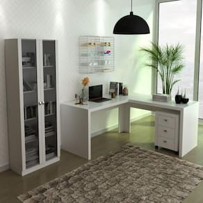 Mesa em L com Gaveteiro e Armário com 2 Portas de Vidro Espresso Móveis Branco