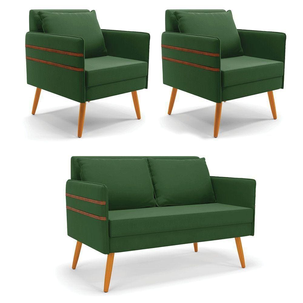 Kit 01 Namoradeira E 02 Poltronas Suede Castanho Verde