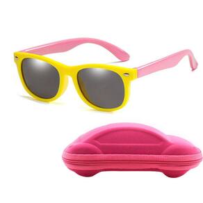 Óculos de Sol Flexível Infantil + Case Carrinho Amarelo e Rosa