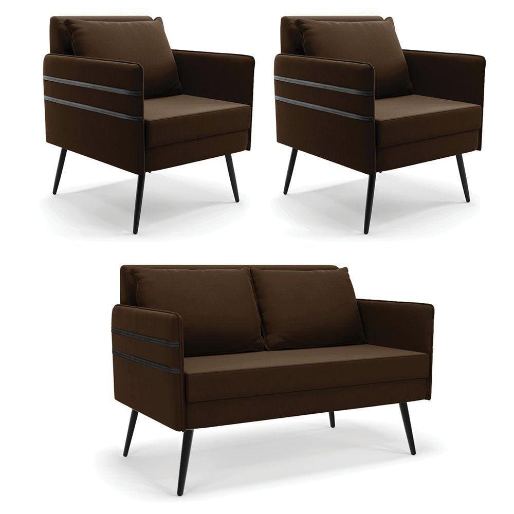 Kit 01 Namoradeira E 02 Poltronas Suede Marrom