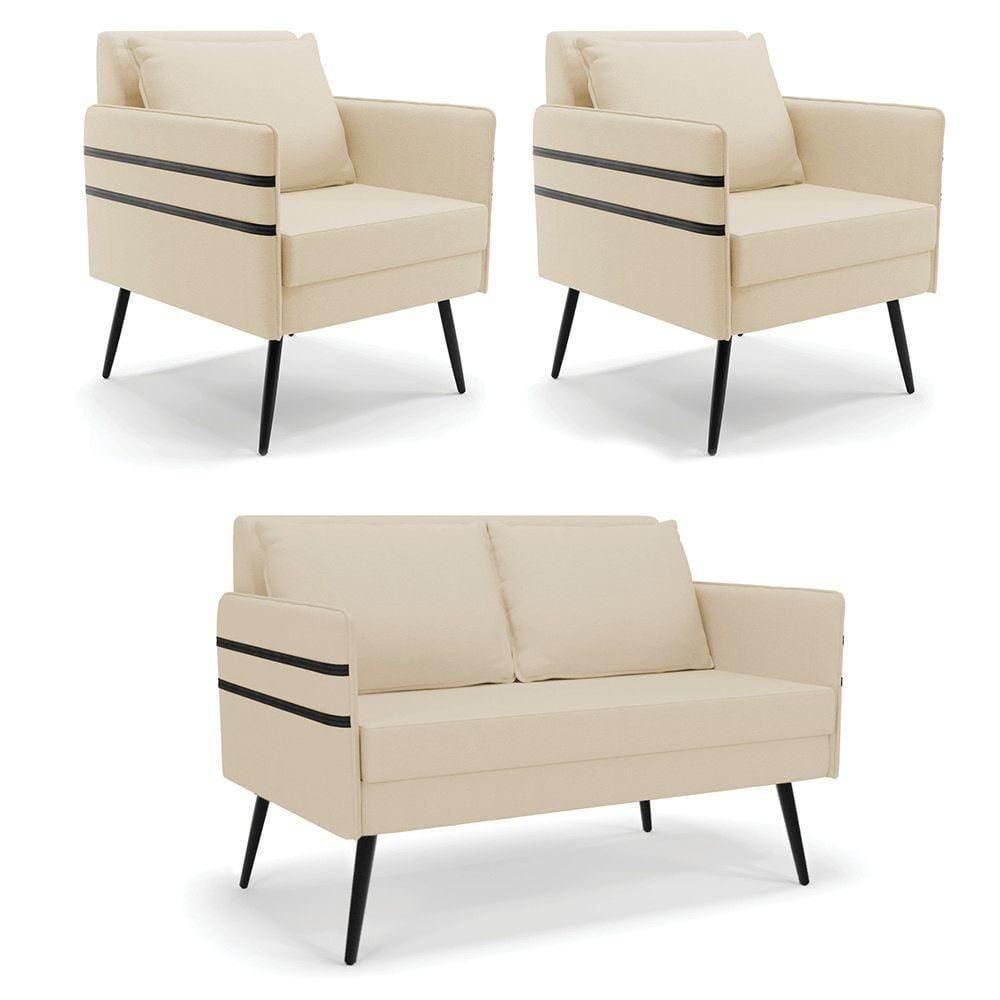 Kit 01 Namoradeira E 02 Poltronas Linho A19 Bege