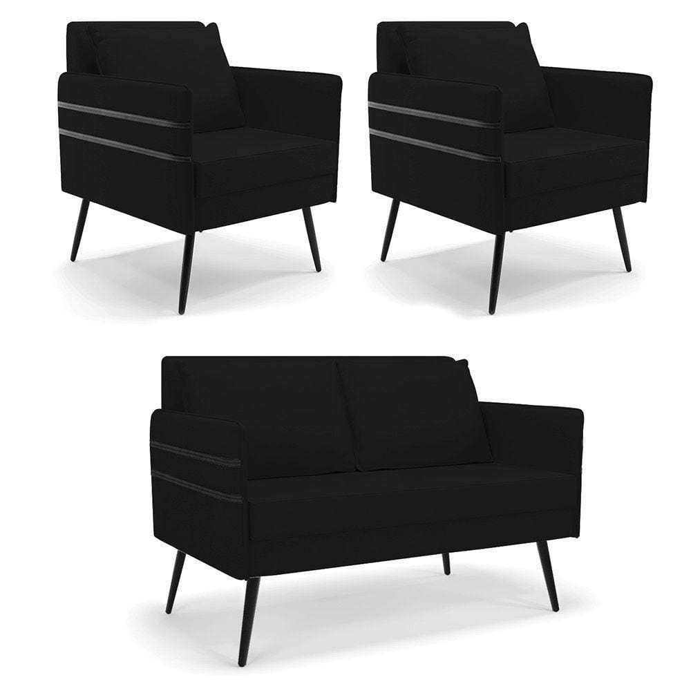 Kit 01 Namoradeira E 02 Poltronas Linho A79 Preto