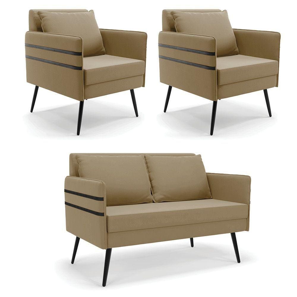 Kit 01 Namoradeira E 02 Poltronas Suede Marrom Rato