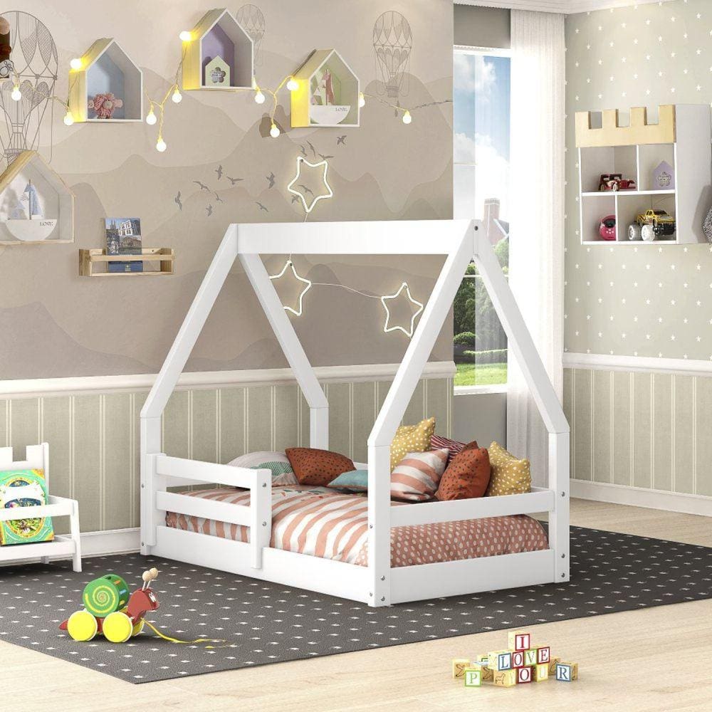 Mini Cama Montessoriano Cabaninha com Grade em Madeira Maciça Casatema Branco