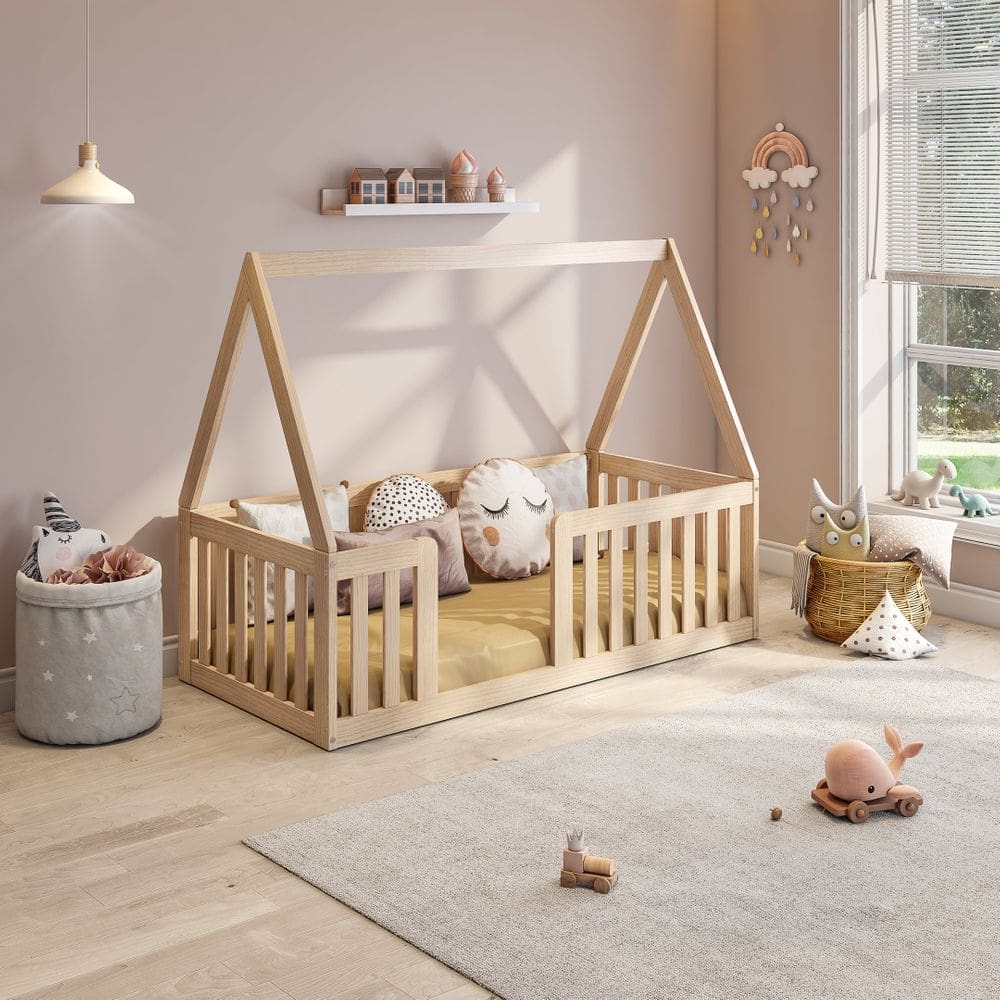 Mini Cama Montessoriana Com Grade e Telhado Giulia Casatema Natural