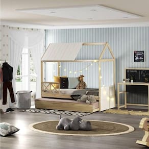 Bicama Solteiro Infantil Reversível com Grade e Telhado Casinha Garden Casatema Marroml/Branco