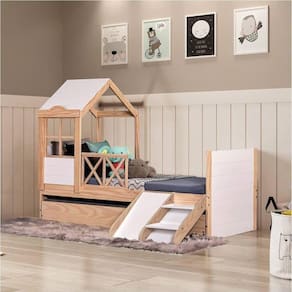 Bicama Solteiro Infantil Garden com Telhado Plus e Kit Escadinha Casatema Marroml/Branco