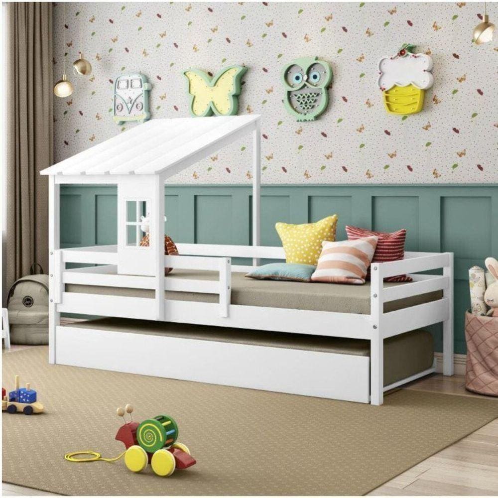 Bicama Solteiro Infantil Prime com Telhadinho II e Grade de Proteção em Madeira Maciça Casatema Branco