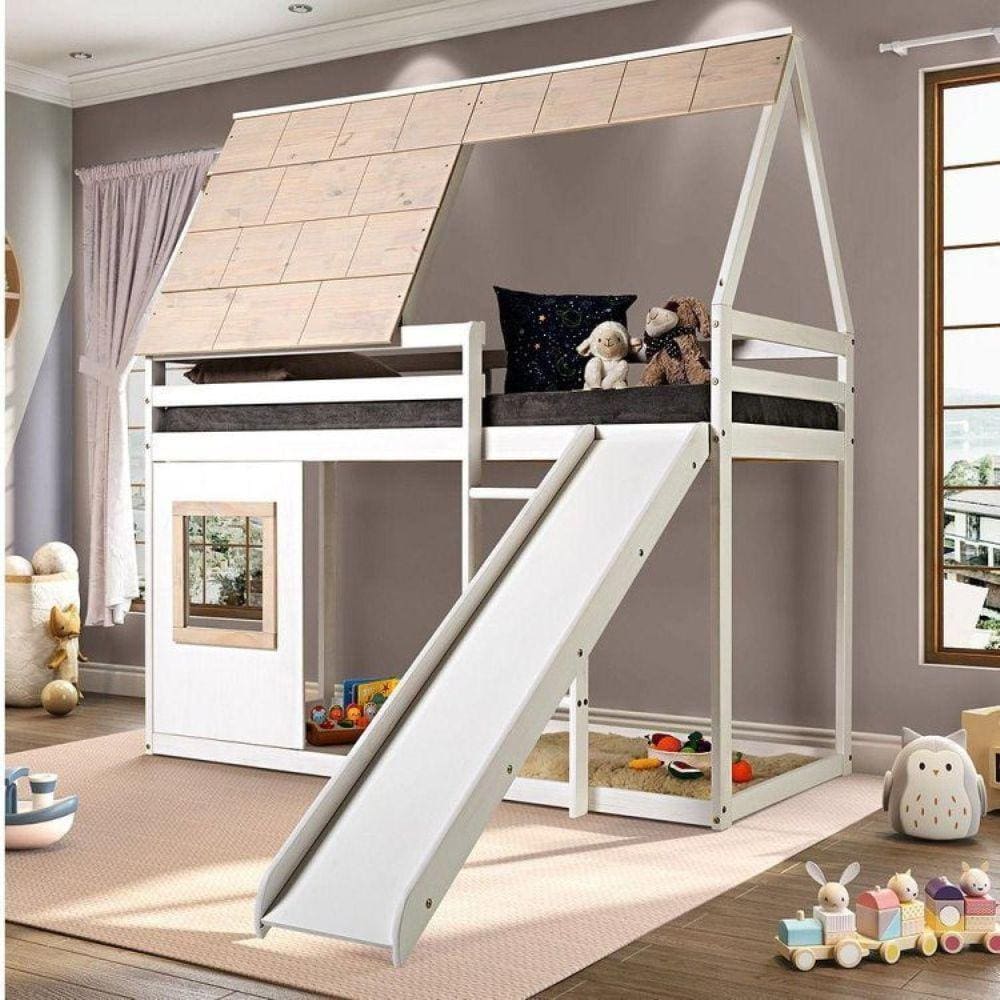 Cama Alta Cabana Noopy com Escorregador Casatema Branco/Cera Bege