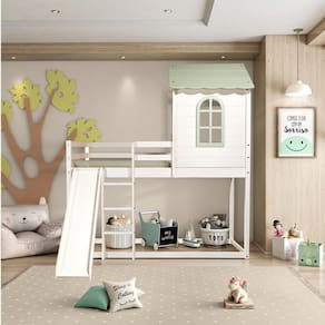 Cama Alta Infantil Club House Sweet com Escorregador Casatema Branco/Verde