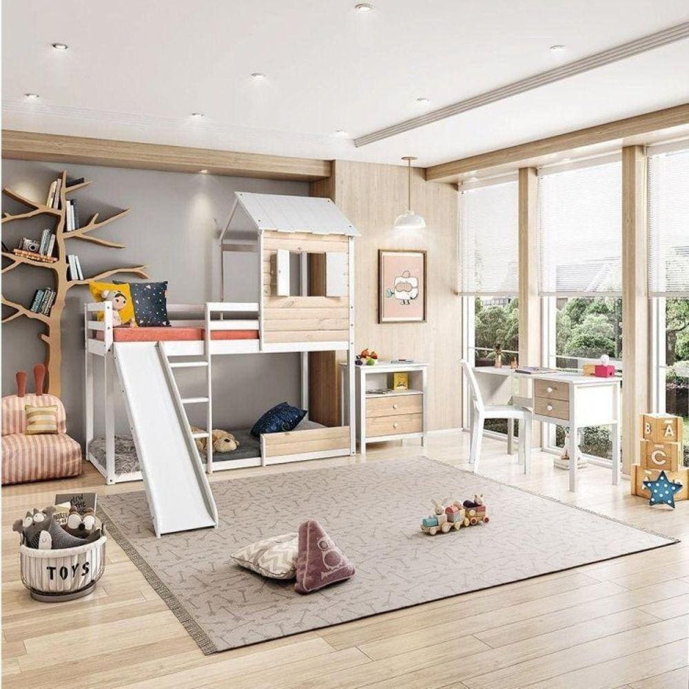 Quarto Completo Montessoriano Club House Wood c/Beliche e Escorregador Casatema Branco/Marroml