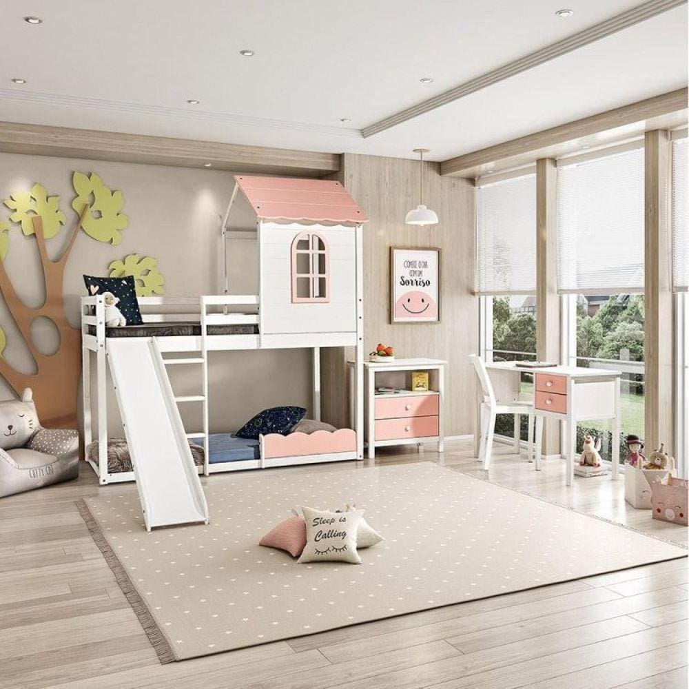 Quarto Completo Montessoriano Club House Sweet c/Beliche e Escorregador Casatema Branco/Rosa
