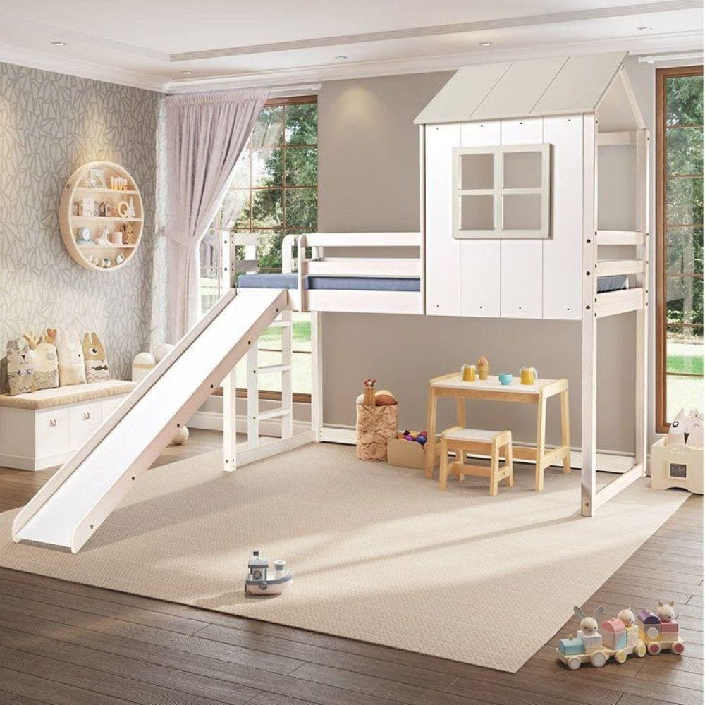 Cama Alta Infantil Cabana Family com Escorregador Casatema Branco/Off White