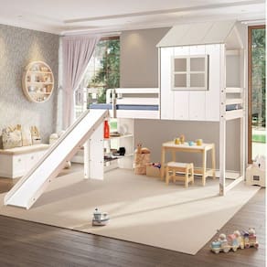 Cama Alta Infantil Cabana Family com Escorregador e Estante Casatema Branco/Off White