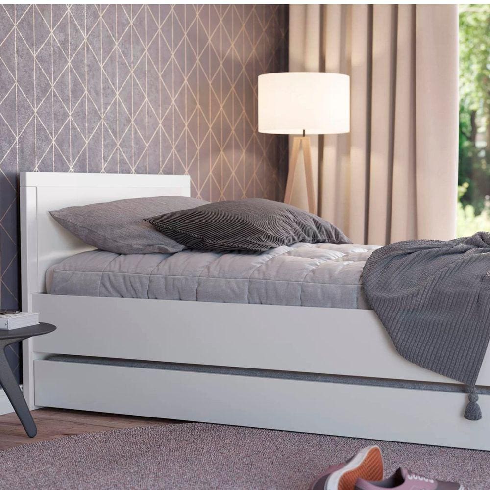 Cama Solteiro com Cabeceira Divicar Móveis Branco Acetinado
