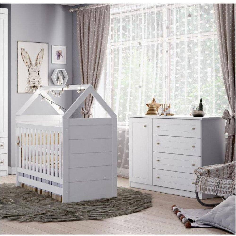 Quarto de Bebê Americano Berço Mini Cama e Cômoda 4 Gavetas Henn Branco