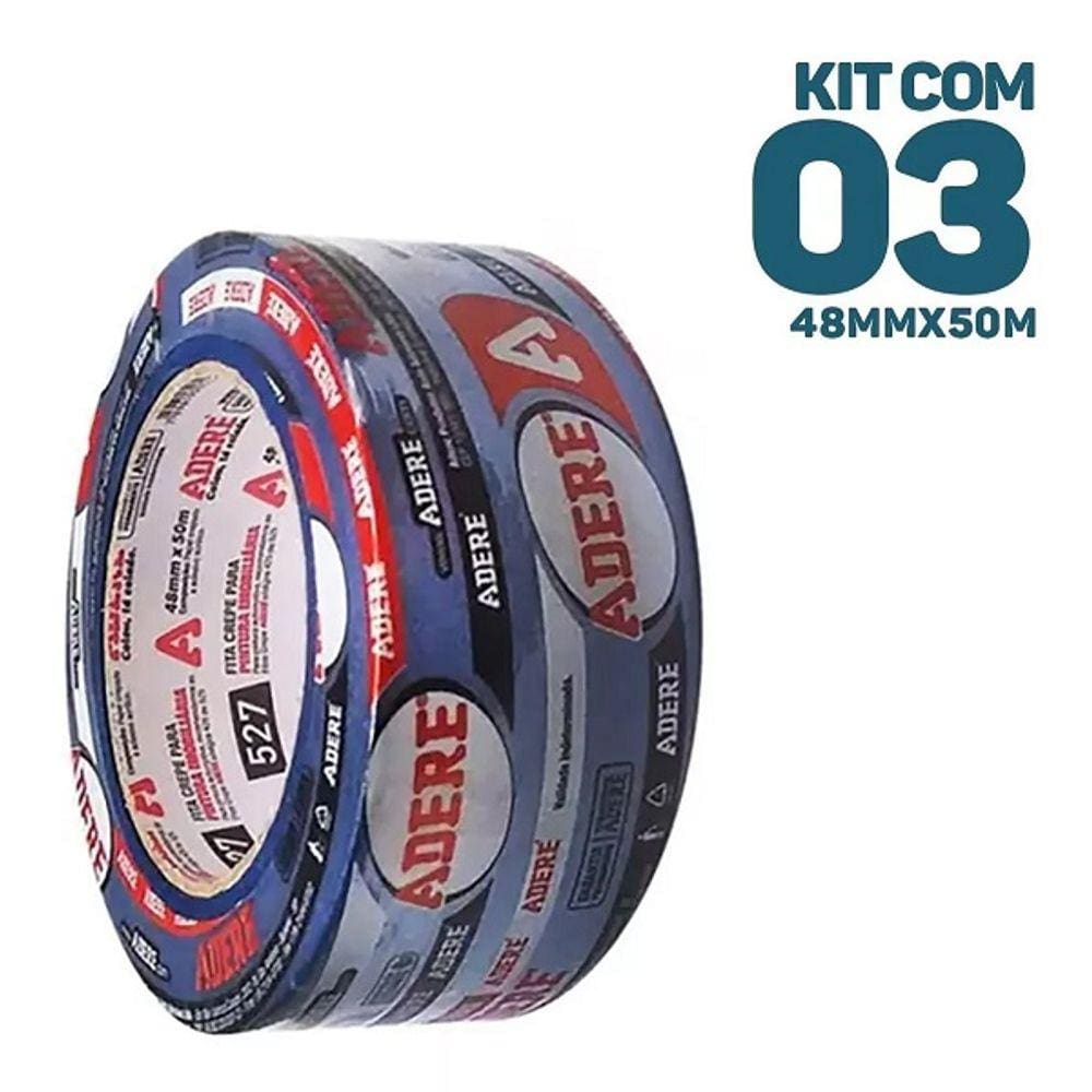 Kit com 3 Fita Crepe Azul Pintura Imobiliaria Parede 48MM X 50M Adere