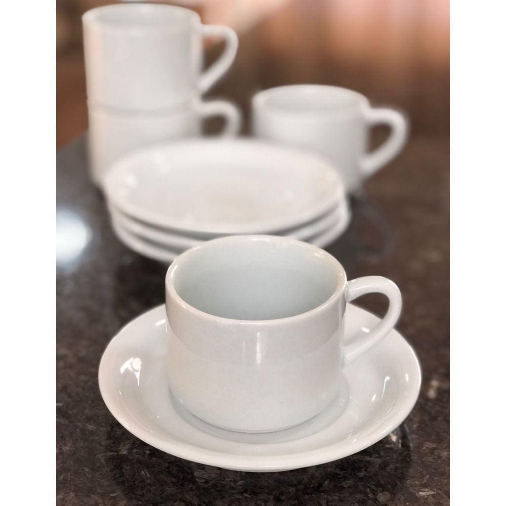 Jogo 4 xícaras de Café e Chá com pires - 200 ml Semi-Empilháveis - Porcelana branca