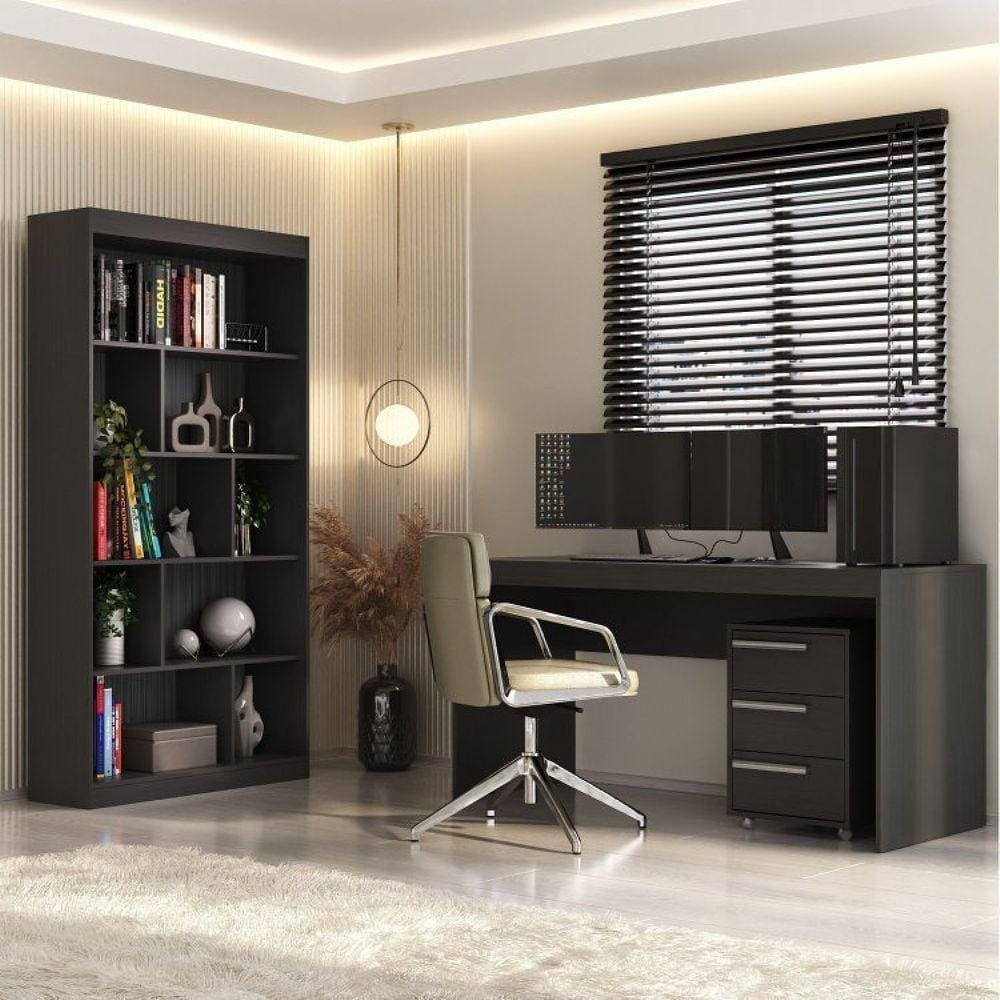 Escrivaninha 150cm com Gaveteiro 3 Gavetas e Estante 4 Prateleiras Nichos Espresso Móveis Onix TX