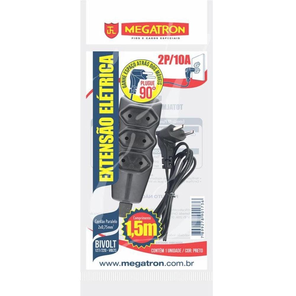 Extensao 3 Tom. Paral.2X0,75X1,50Mt 2P 10A/250V Plugue 90 Pt