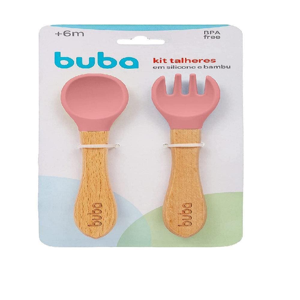 Kit Talheres Silicone E Bambu Rosa - Buba