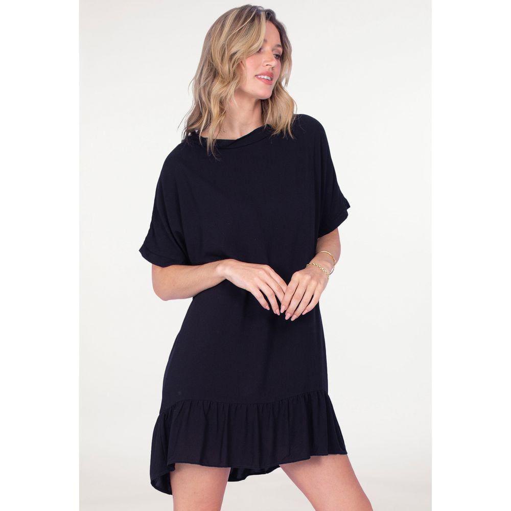 Vestido Curto Viscose Mullet Amplo Gola Canoa Babado Preto