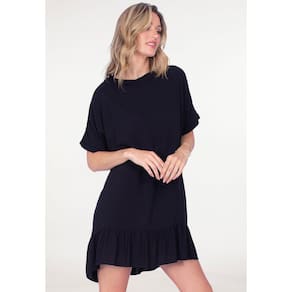Vestido Curto Viscose Mullet Amplo Gola Canoa Babado Preto