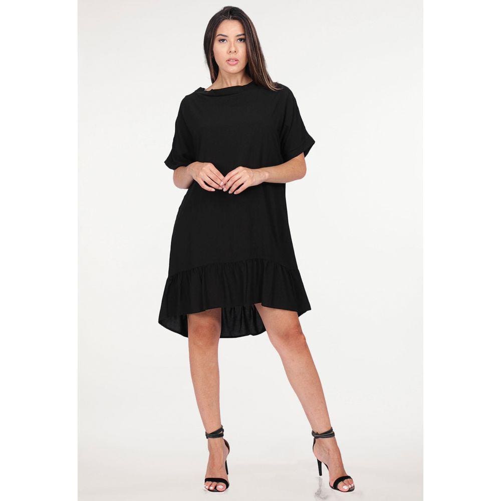 Vestido Curto Viscose Mullet Amplo Gola Canoa Babado Preto