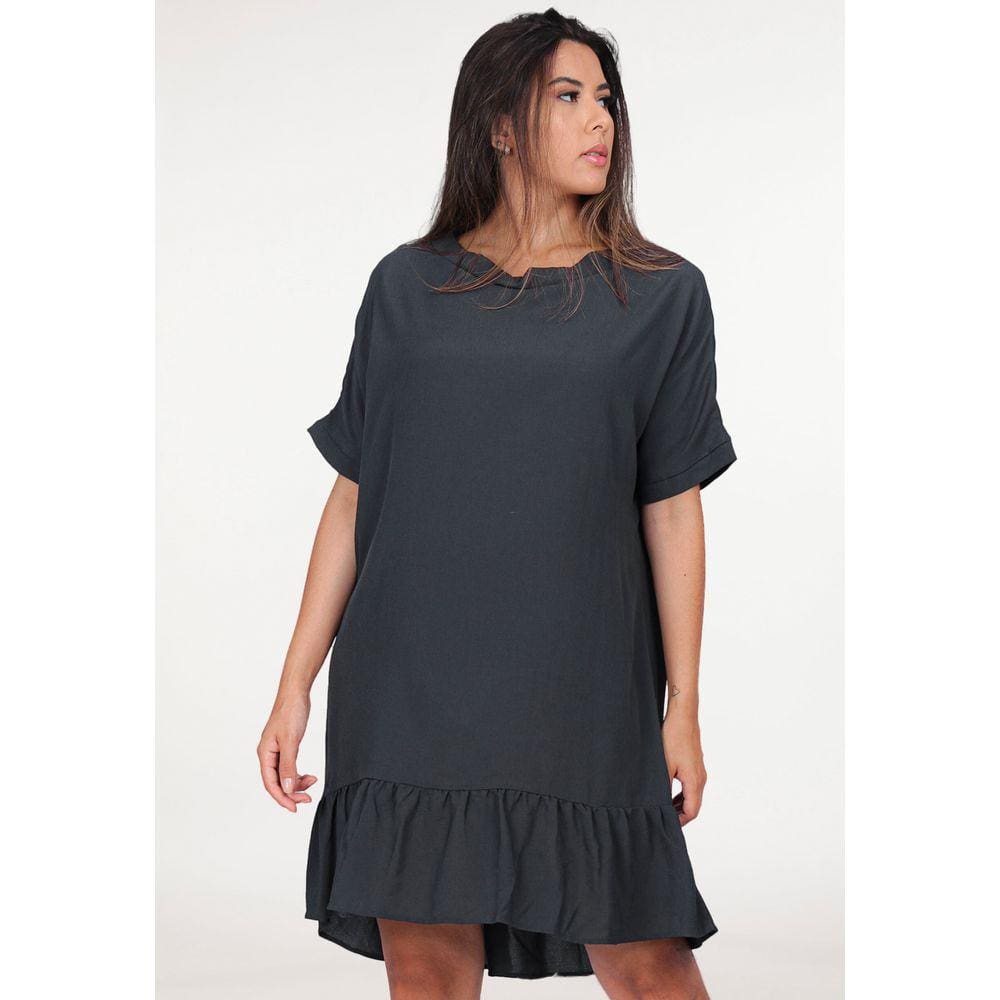Vestido Curto Viscose Mullet Amplo Gola Canoa Babado Azul Marinho