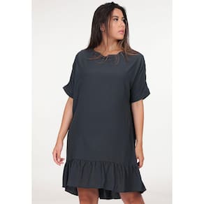 Vestido Curto Viscose Mullet Amplo Gola Canoa Babado Azul Marinho