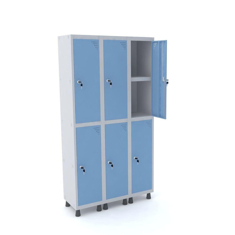 Roupeiro De Aço 3M 06 Portas C/ Prat. Fechadura Pandin - Cinza/Azul Dalí