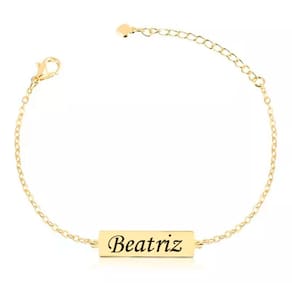Pulseira Personalizada Placa Retangular Com Nome Banhada Em Ouro 18K