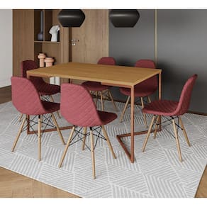 Mesa Industrial Retangular Canela Base V Cobre 137x90cm com 6 Cadeiras Madeira Estofadas Vermelhas
