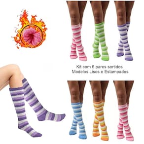 Meia Térmica Soft Felpuda Cano Alto Inverno: Kit 6 Pares Adulto Feminino