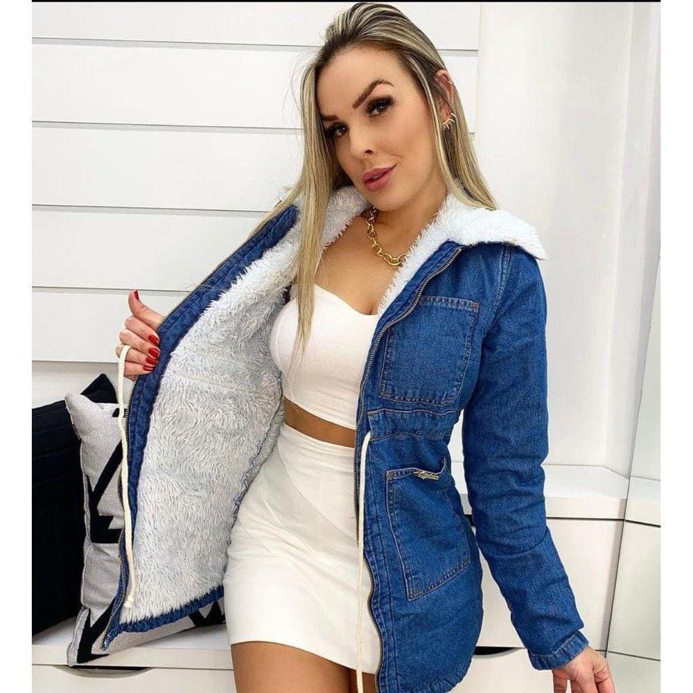 Parka Jeans Azul Forrada com Pelúcia