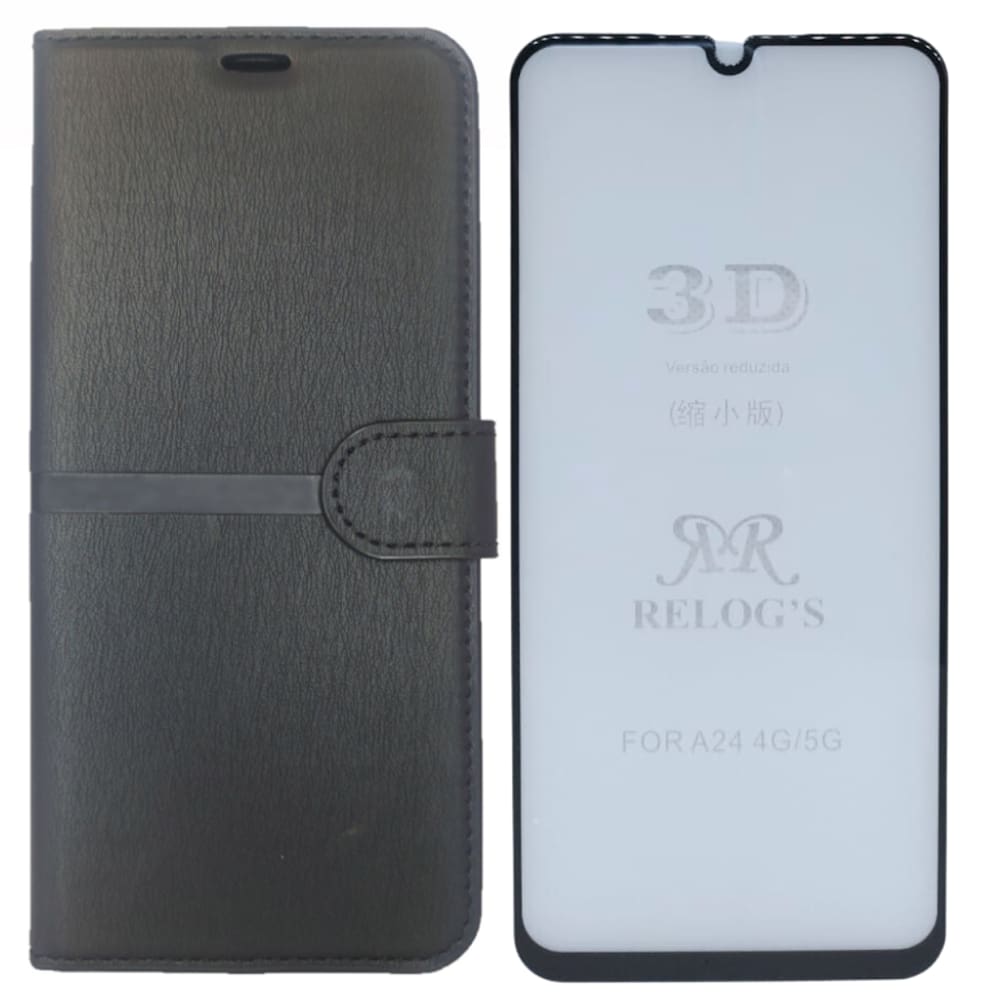 Kit Capa Carteira Compatível c/ Samsung A24 + Película 3D