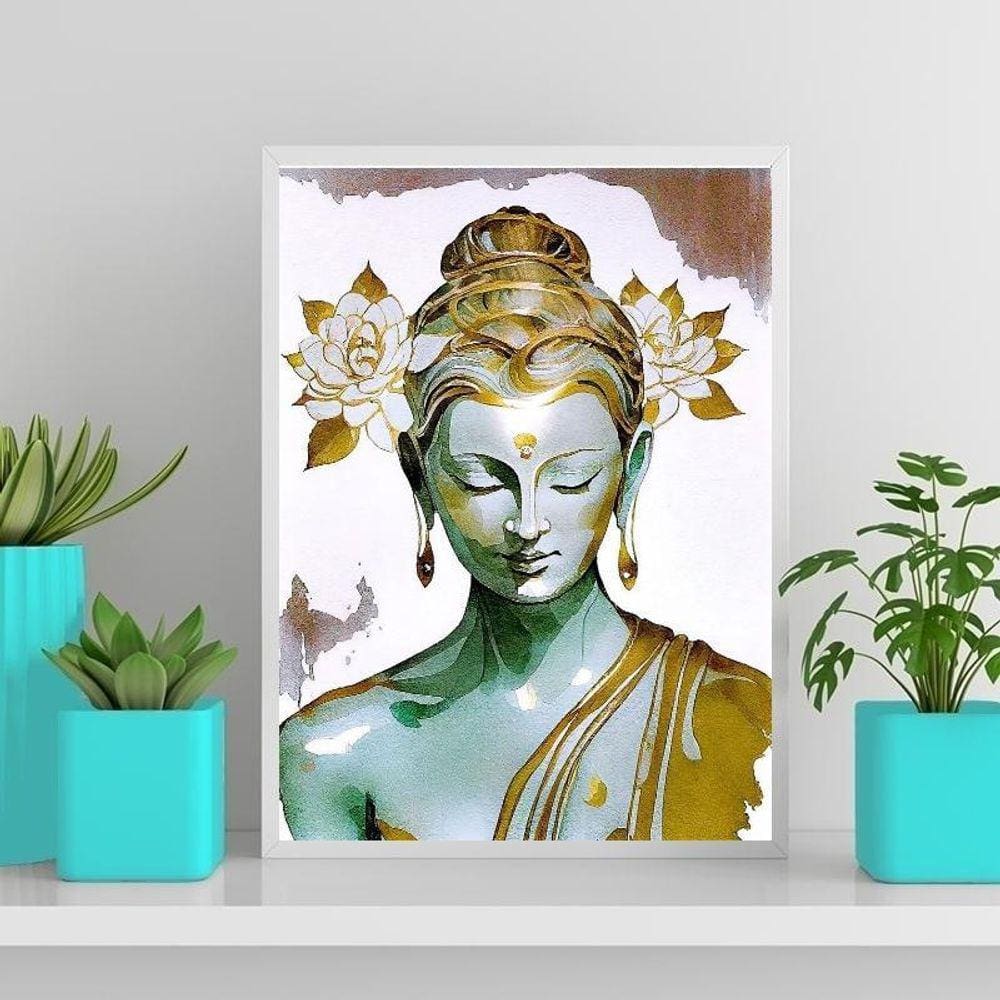 Quadro Buda Branco Com Dourado 24X18Cm - Com Vidro Preta