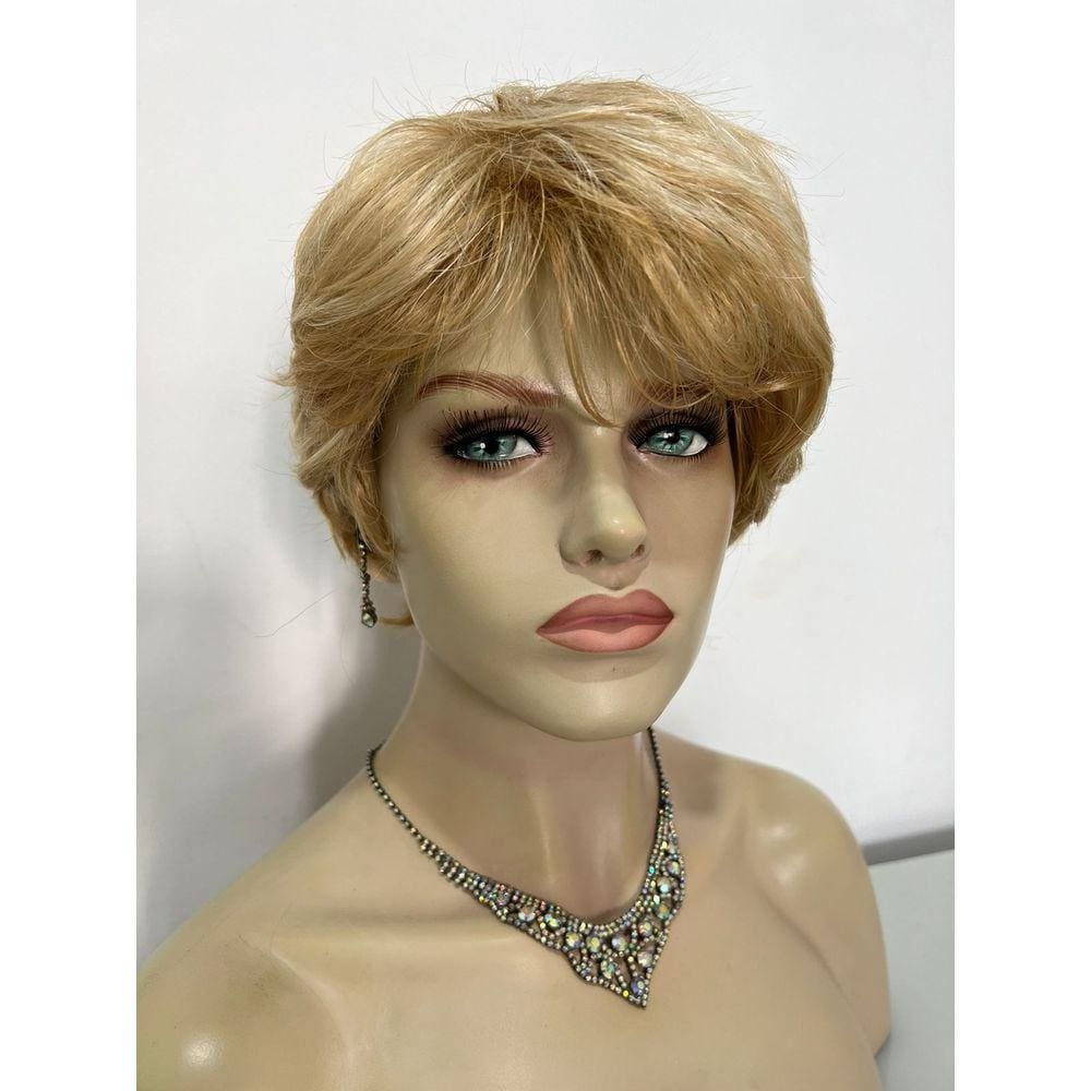 Peruca curta loira claro com franja e mechas unissex premium