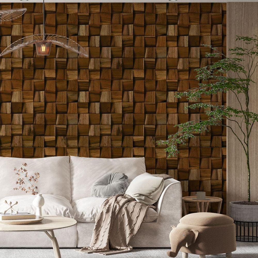 Kit 6 Rolos Papel De Parede Adesivo Cubo De Madeira 3,0M