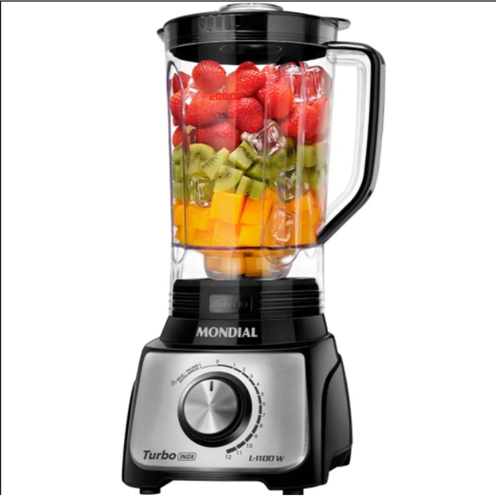 Liquidificador Mondial Turbo 3L 12VEL 1100W C/ Filtro L-1100 - 5877-01 PRETO/INOX 110 VOLTS