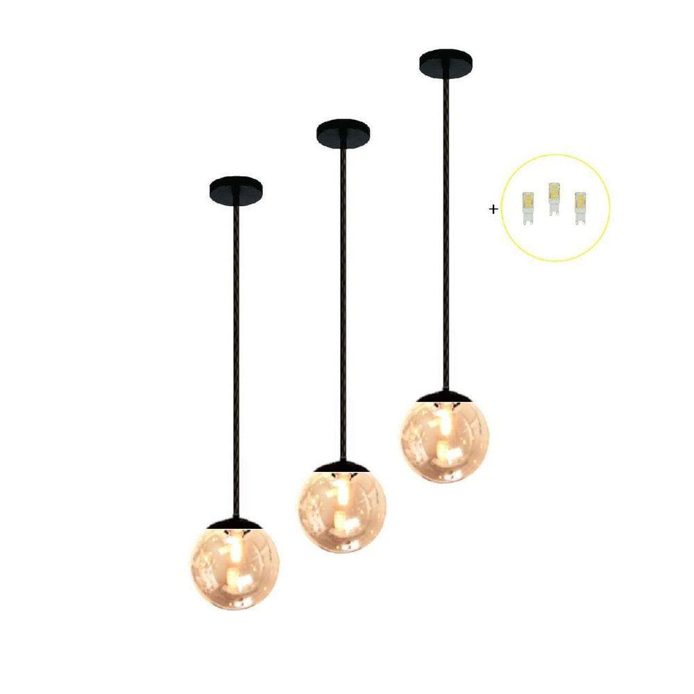 Kit 3 Pendente Preto Mesa Bancada Balcão Aparador + Led Vidr