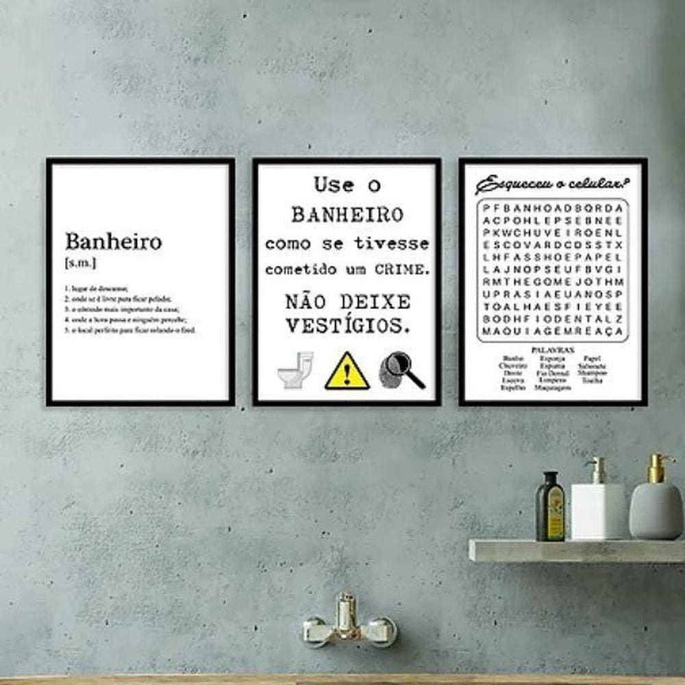 Kit 3 Quadros Divertidos Para Banheiro 24X18Cm - Com Vidro