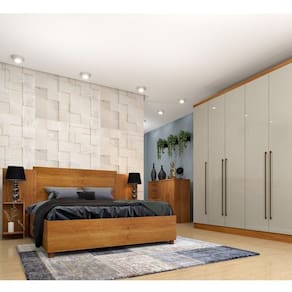 Quarto Casal Completo Guarda Roupa 6 Portas com Cômoda Cama e Cabeceira Tcil Móveis Cinamomo/Off White