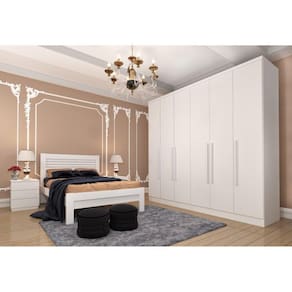 Quarto Casal Completo Guarda Roupa 6 Portas Veneza com Cama e Mesa de Cabeceira Neve Tcil Móveis Neve